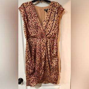 Express Leopard Print Draped Satin Mini Sheath Dress, L